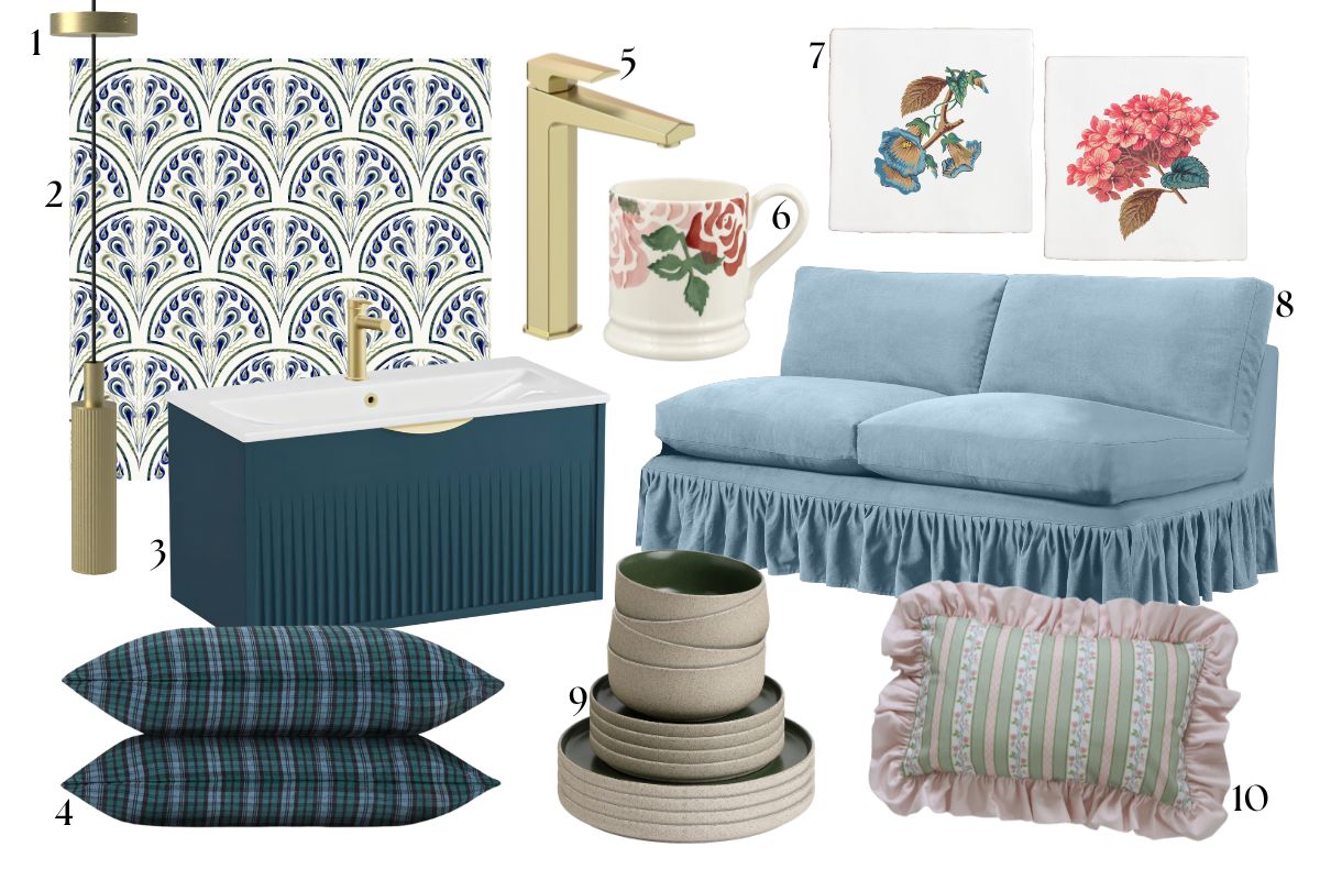 Moodboard edit with Art Deco pieces, fluted decor, frilled sofa and cushion, and biophilic tiles and ceramics.