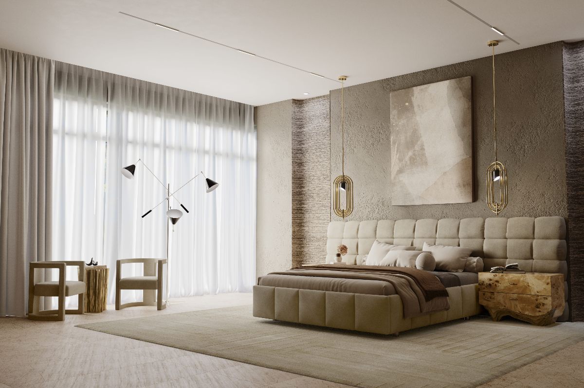 A large bedroom design with neutral furnishings, luxurious lighting and an extra large bed frame.