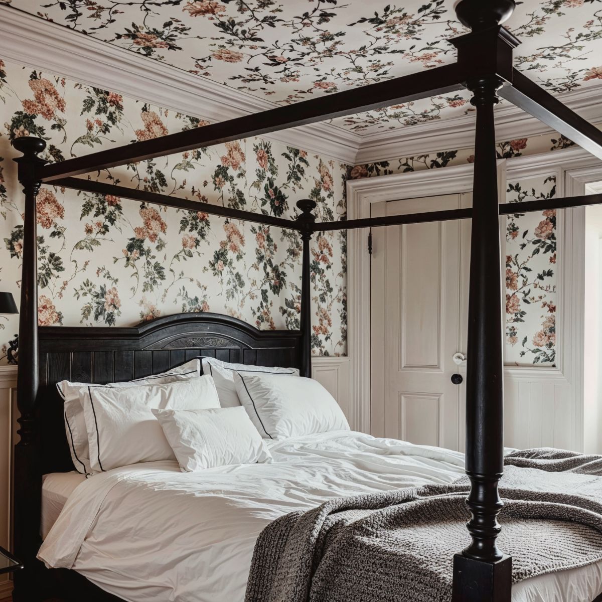 A pattern drenched scheme with a four poster bed made from wood, white linen, and a grey throw.