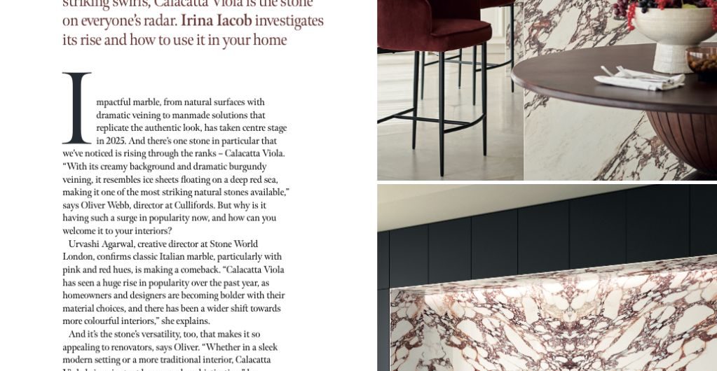 Magazine feature on Calacatta Viola marble.