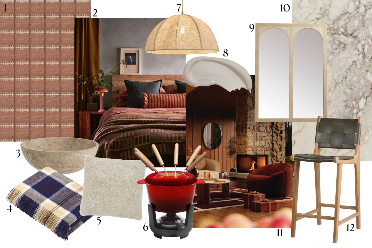 Moodboard edit of cosy furnishings, stone surfaces, and chalet inspired decor.