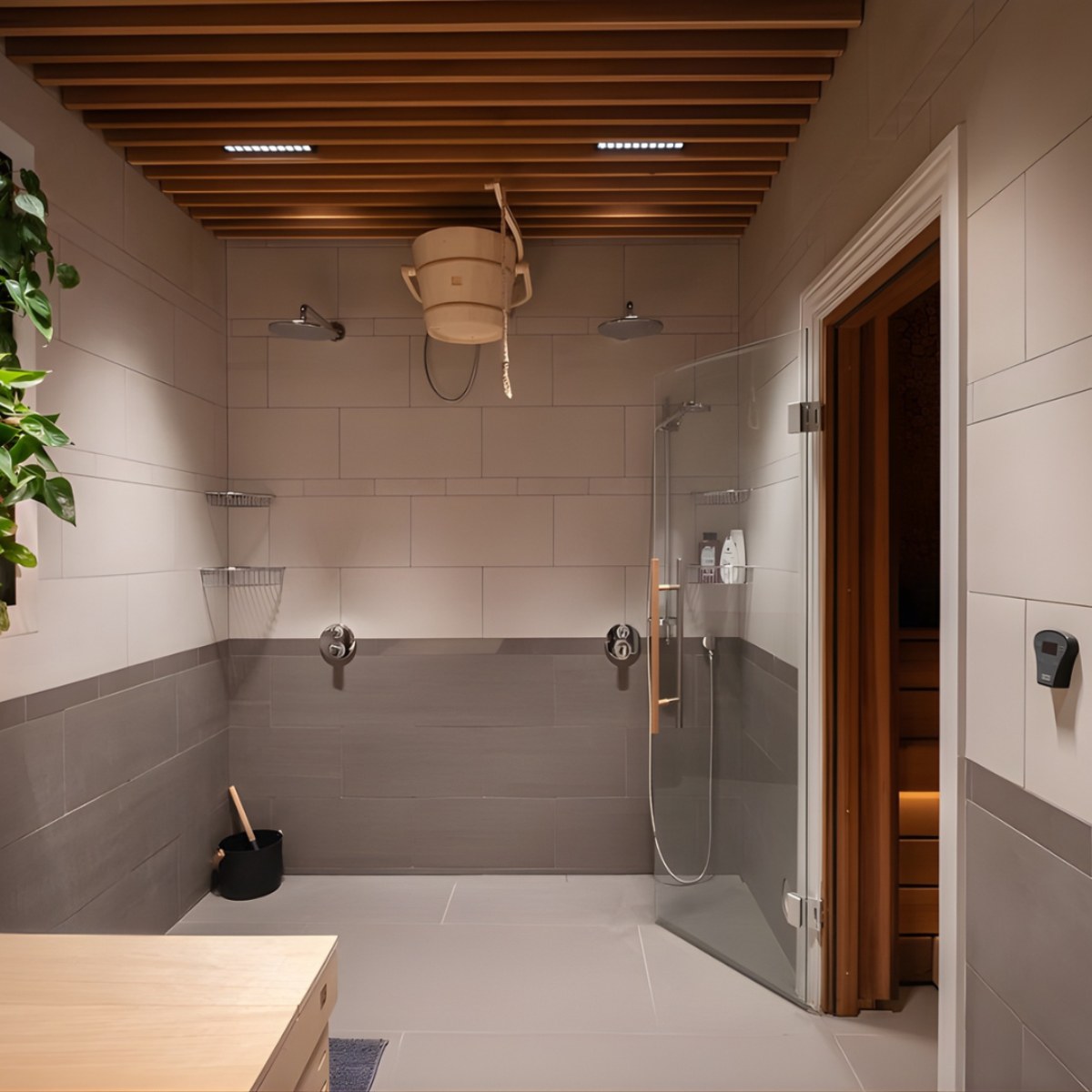A spa bathroom design with double showers and a bespoke sauna at home.