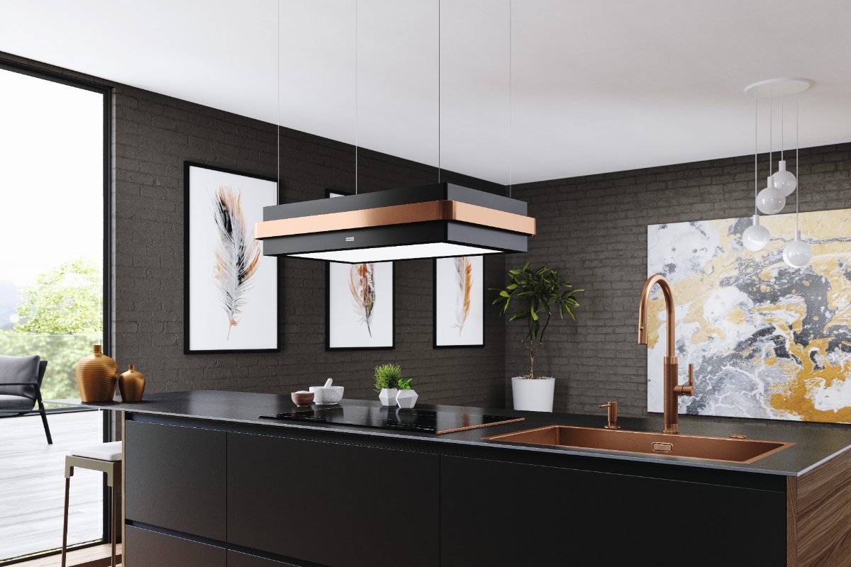 Industrial-style kitchen with handleless cabinetry, a copper sink and tap, and exposed brick.