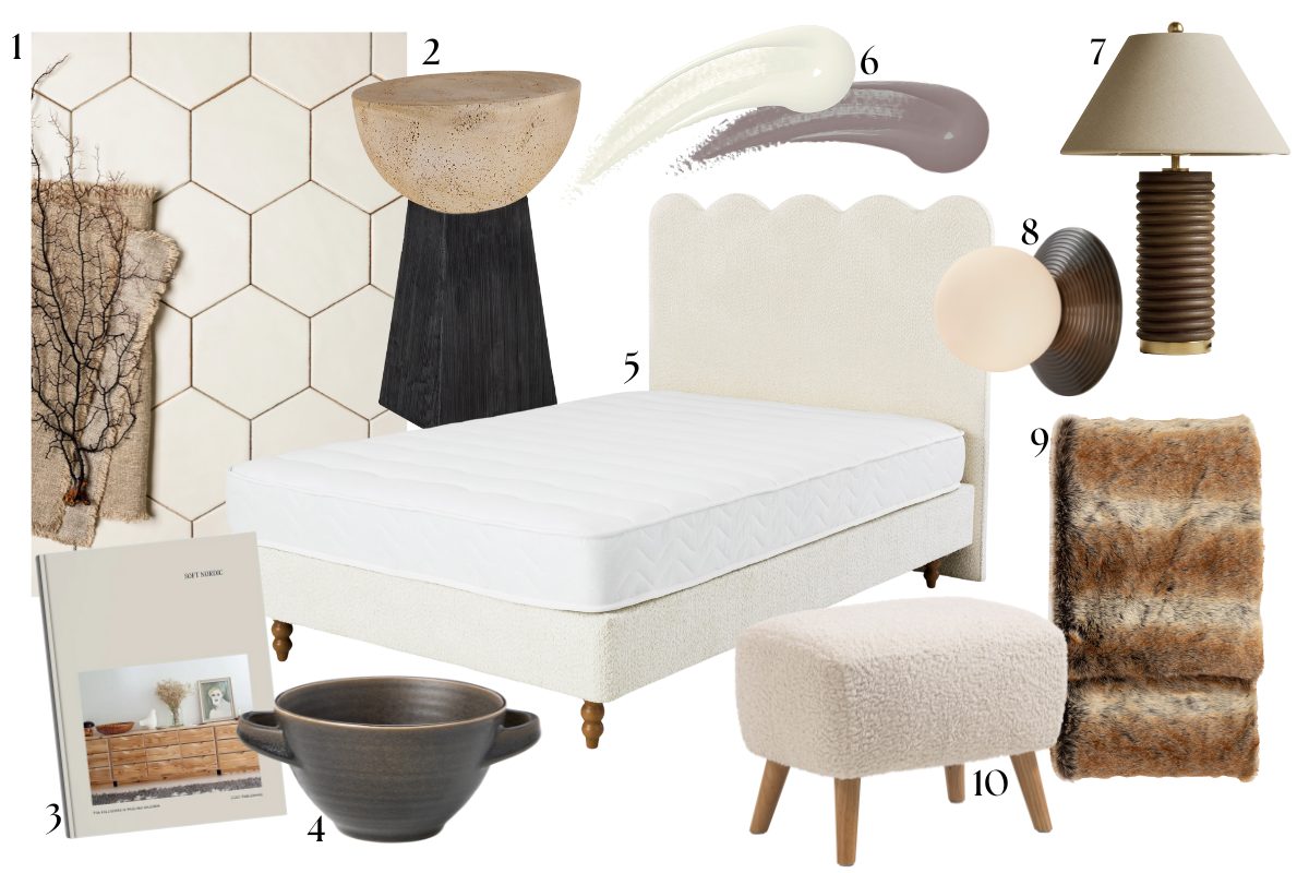 Hygge moodboard with neutral colourways, tactile materials and nature-inspired decor.