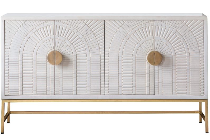An Art Deco sideboard in white with a brass frame and handles.