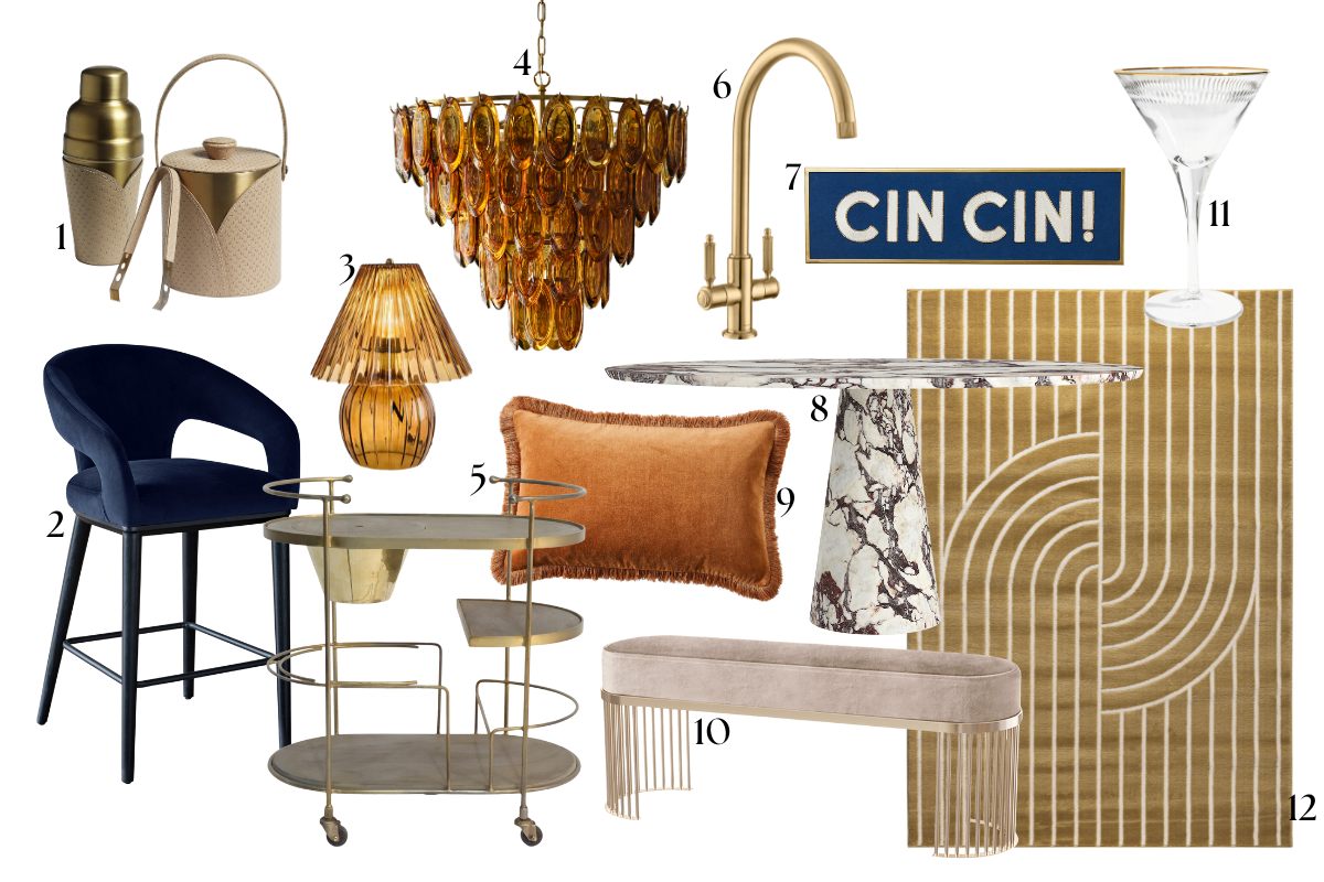 A moodboard edit for restaurant-inspired interiors with Art Deco bar carts, rugs, brass taps, and luxurious lighting.