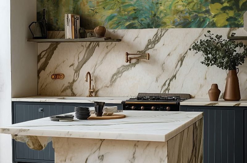 A modern scheme with blue base cabinets, marble work surfaces and matching island, with wood herringbone flooring, and a nature-inspired mural above the splashback.