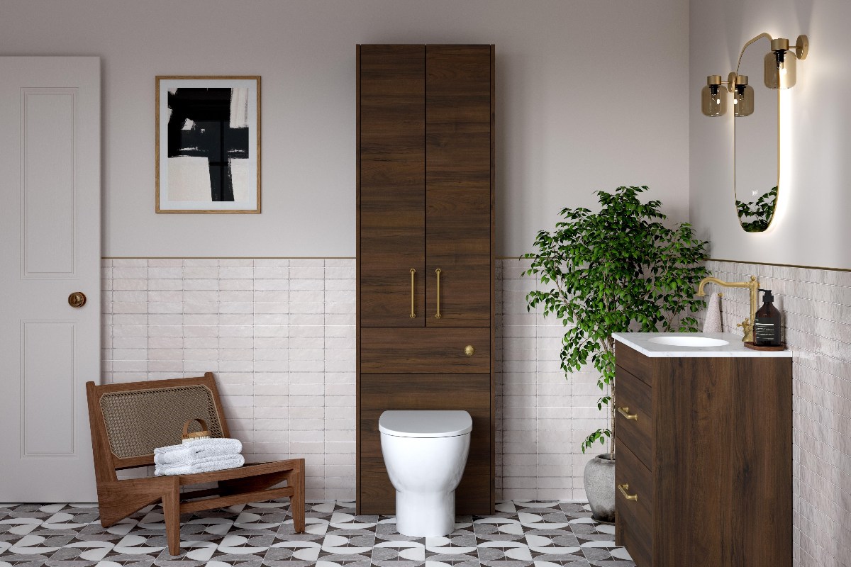 Bathroom camping scheme with wood furniture, patterned floor tiles, house plants, and an armchair.