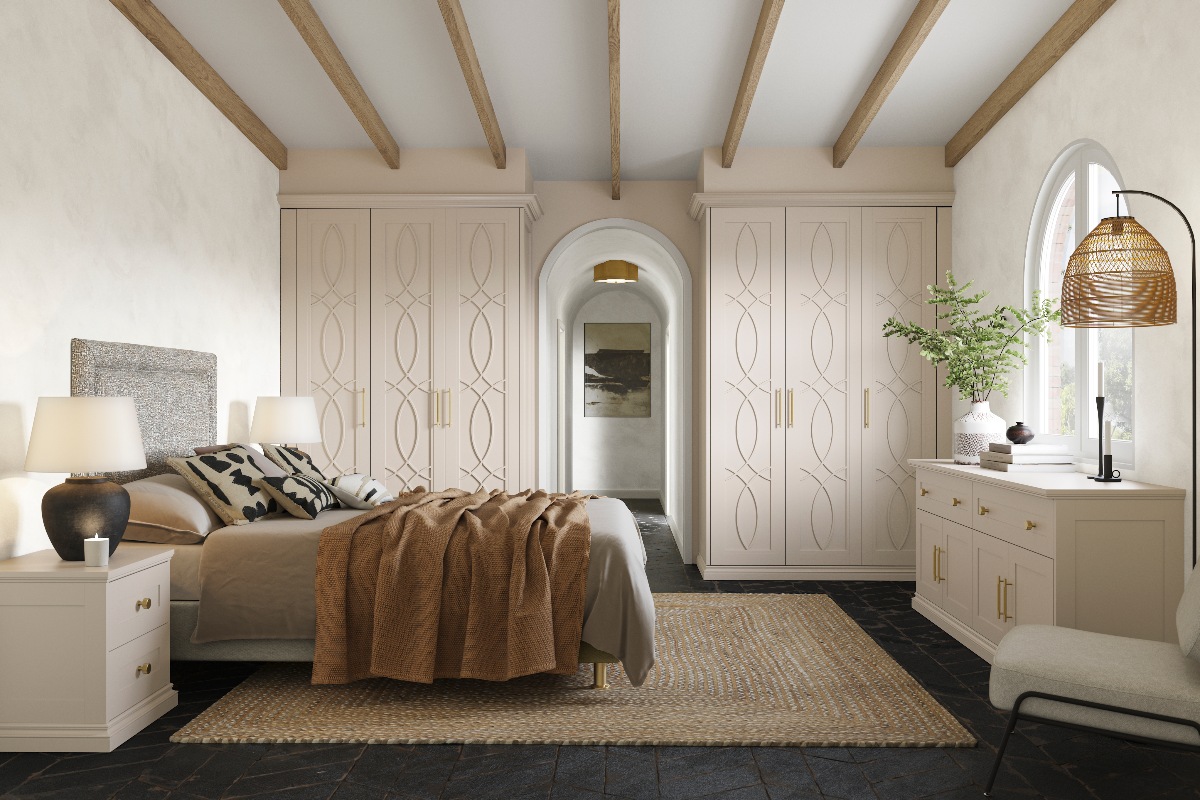 A stylish sleep space with fitted furniture with Art Deco motifs, grey bed frame and furnishings and wood details.