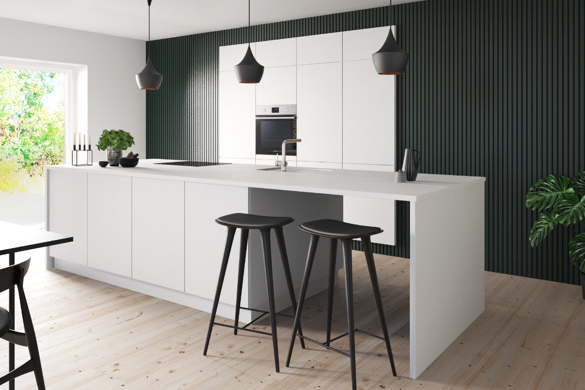 A clean and calm kitchen with white handleless units, a central island, and panelled walls.
