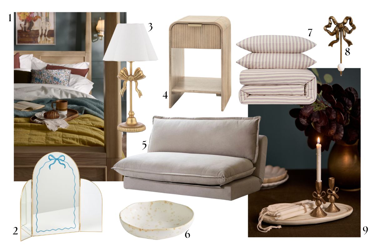 Moodboard for guest bedroom upgrades with robe hooks, sofa beds, new bed linen and side tables.