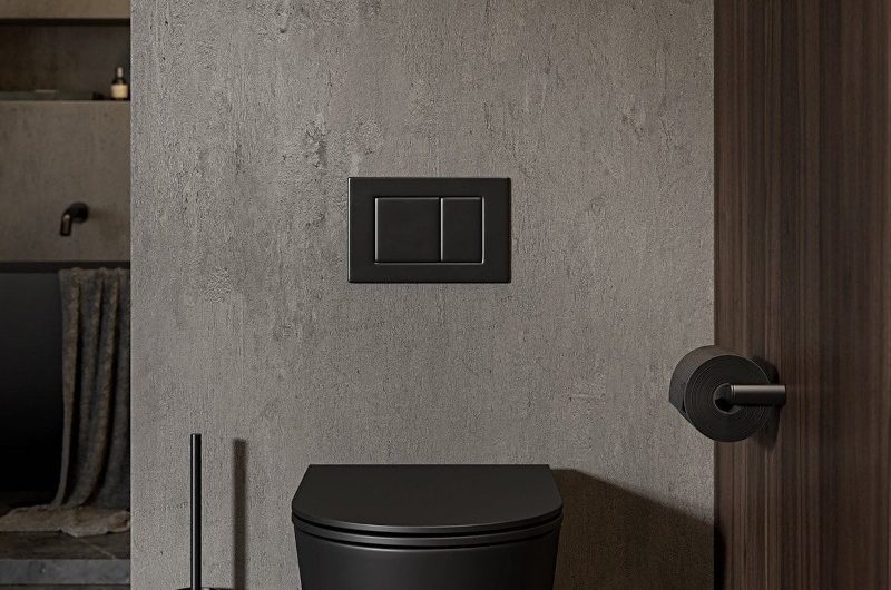 A modern bathroom with wood and concrete walls, a black wall-mounted toilet, and marble floor tiles.