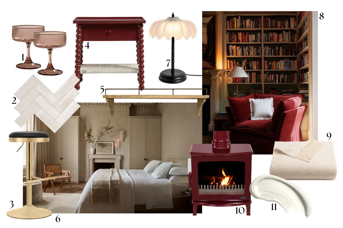 A moodboard edit with furniture and decor for cosy nooks, home bar, and a calm bedroom.