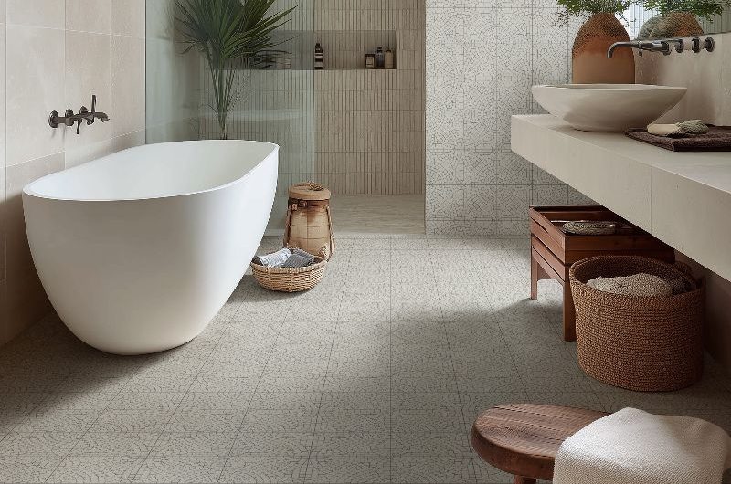 A spa-inspired scheme with a freestanding tub, a walk-in shower, a spacious vanity, and cream, patterned wall and floor tiles.