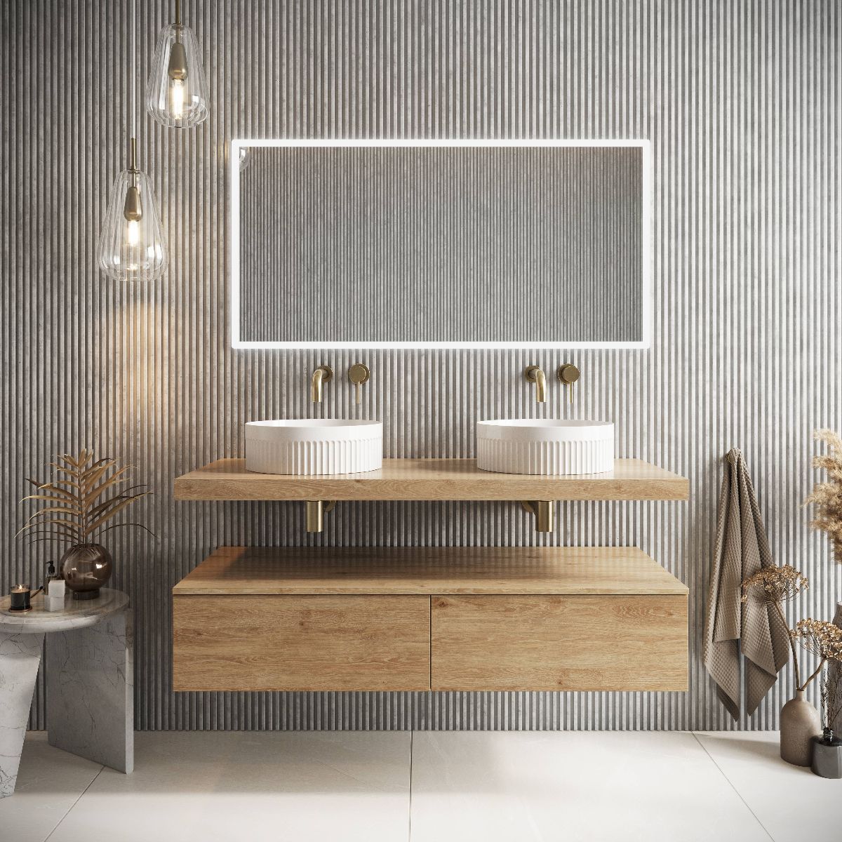 A modern scheme with a Scandi feel with wood vanity unit, two circular basins with fluted detailing, fluted wall cladding, and an LED mirror.