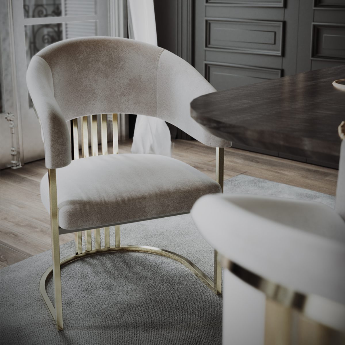 A glamorous kitchen with decorative cabinetry, a wood table and Art Deco chairs.