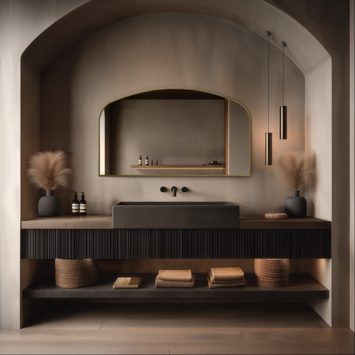 A neutral scheme with plaster on the walls, a grand vanity zone with wall-mounted countertop, fluted wood storage, a concrete basin, and a large arched mirror.