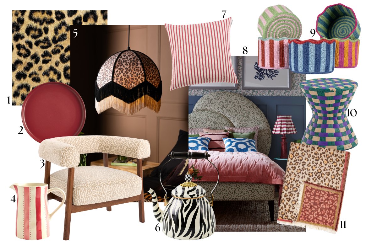 Moodboard edit with playful patterns, rich colours, and quirky kitchenalia.