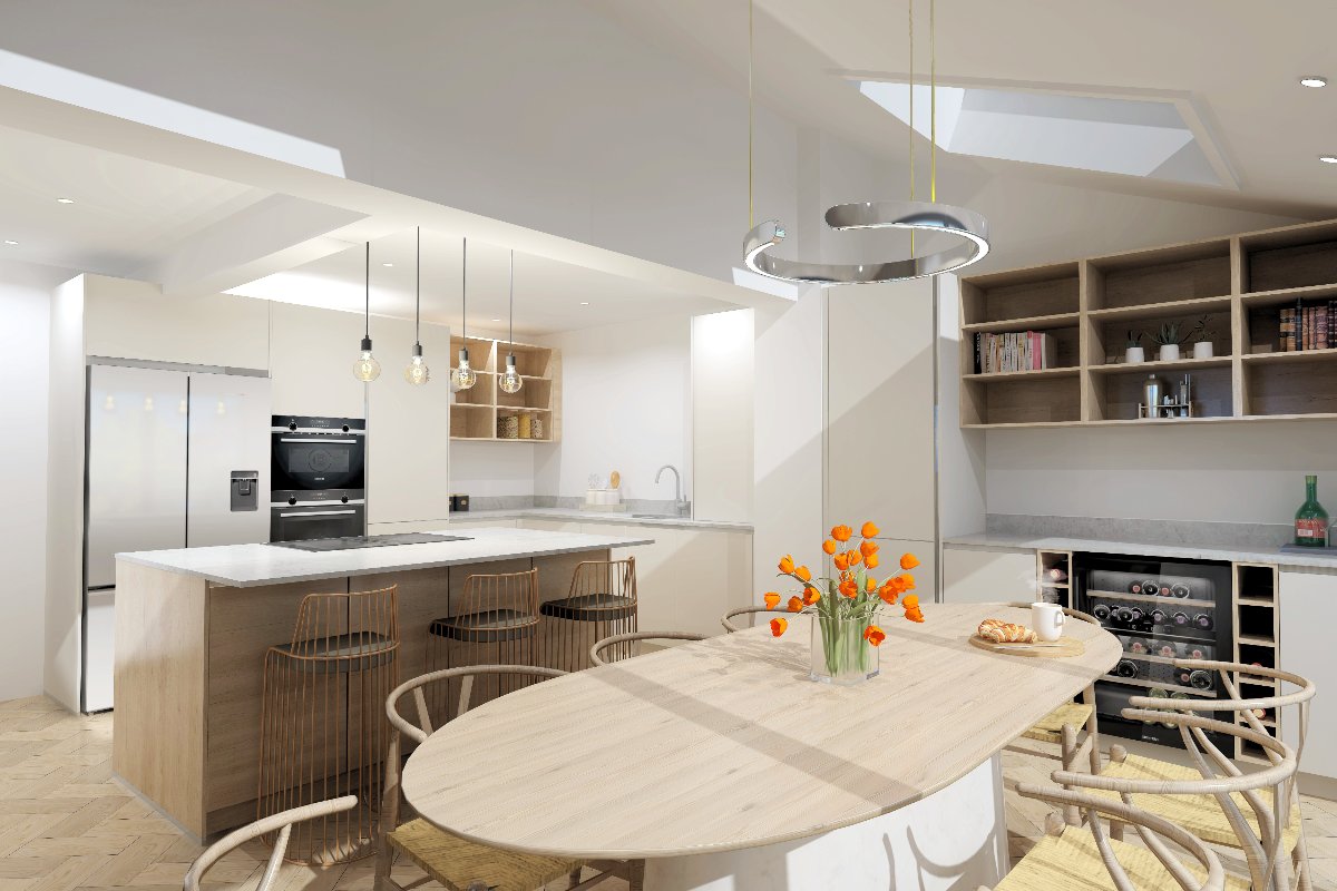 An open-plan kitchen-diner drawing with neutral handleless units, an island with seating, and an adjacent a bar zone with a dining area.