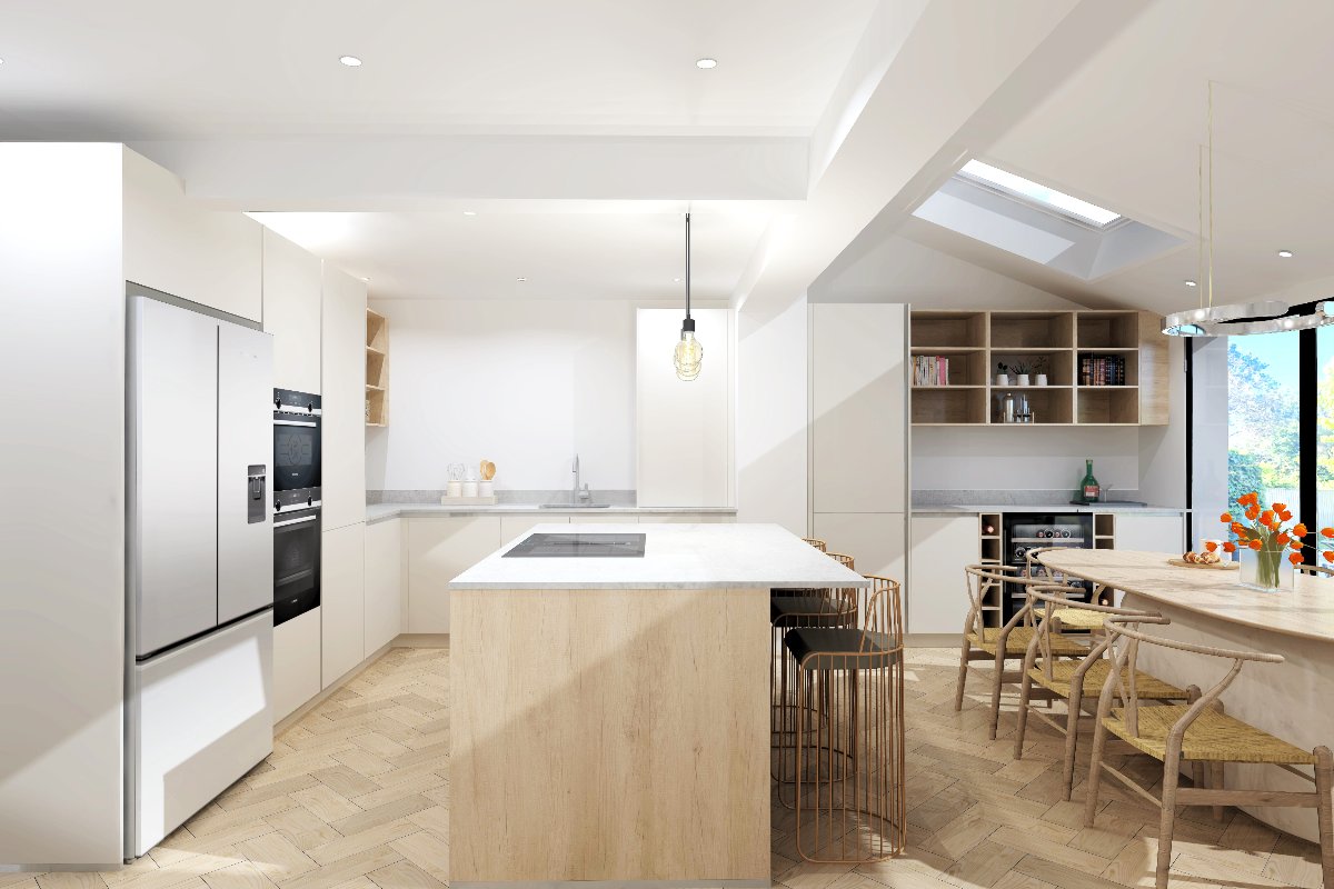 A kitchen extension drawing with a central island, handleless units, and a spacious dining and entertaining zone.