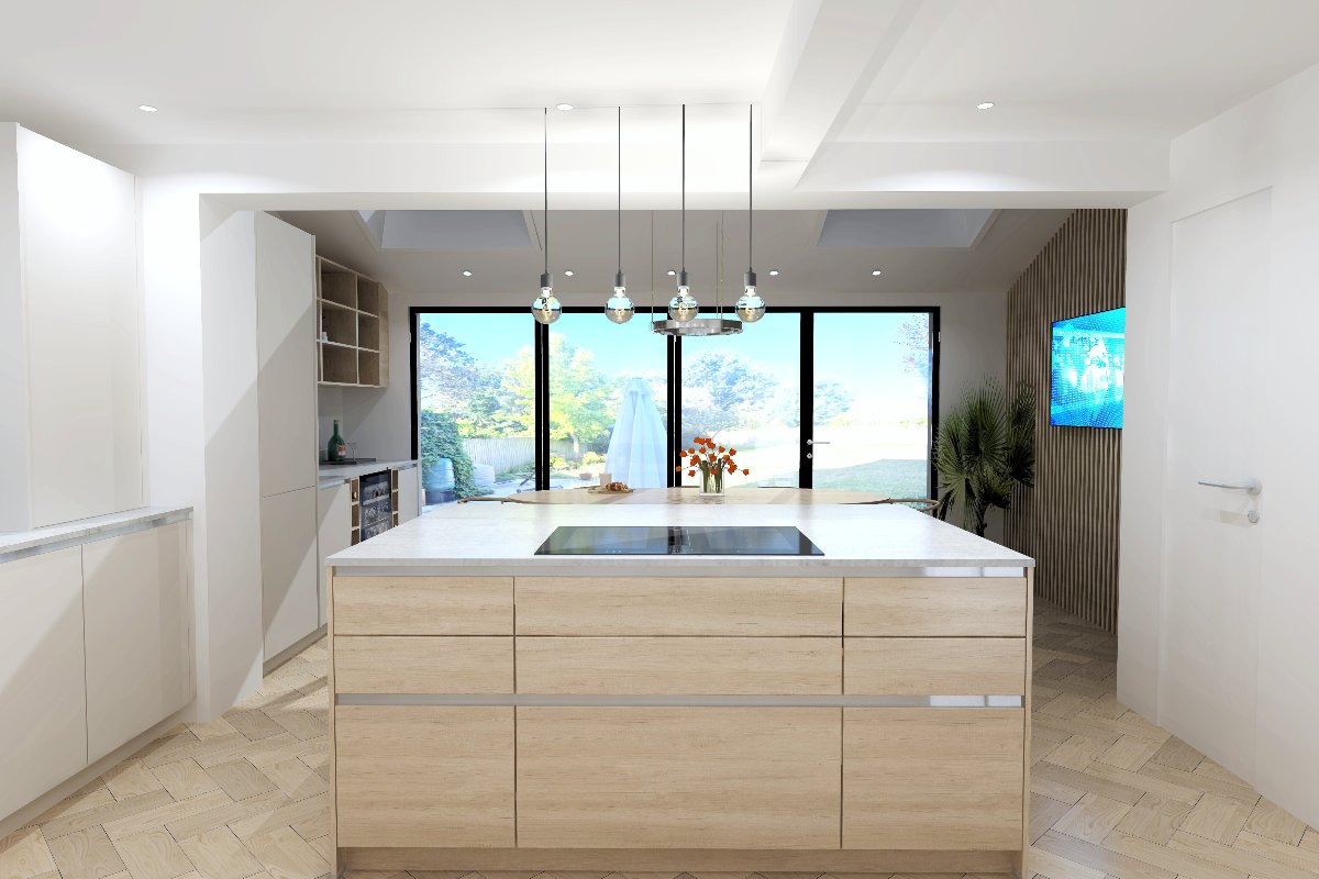 View of the island with views of the garden through the glazing.