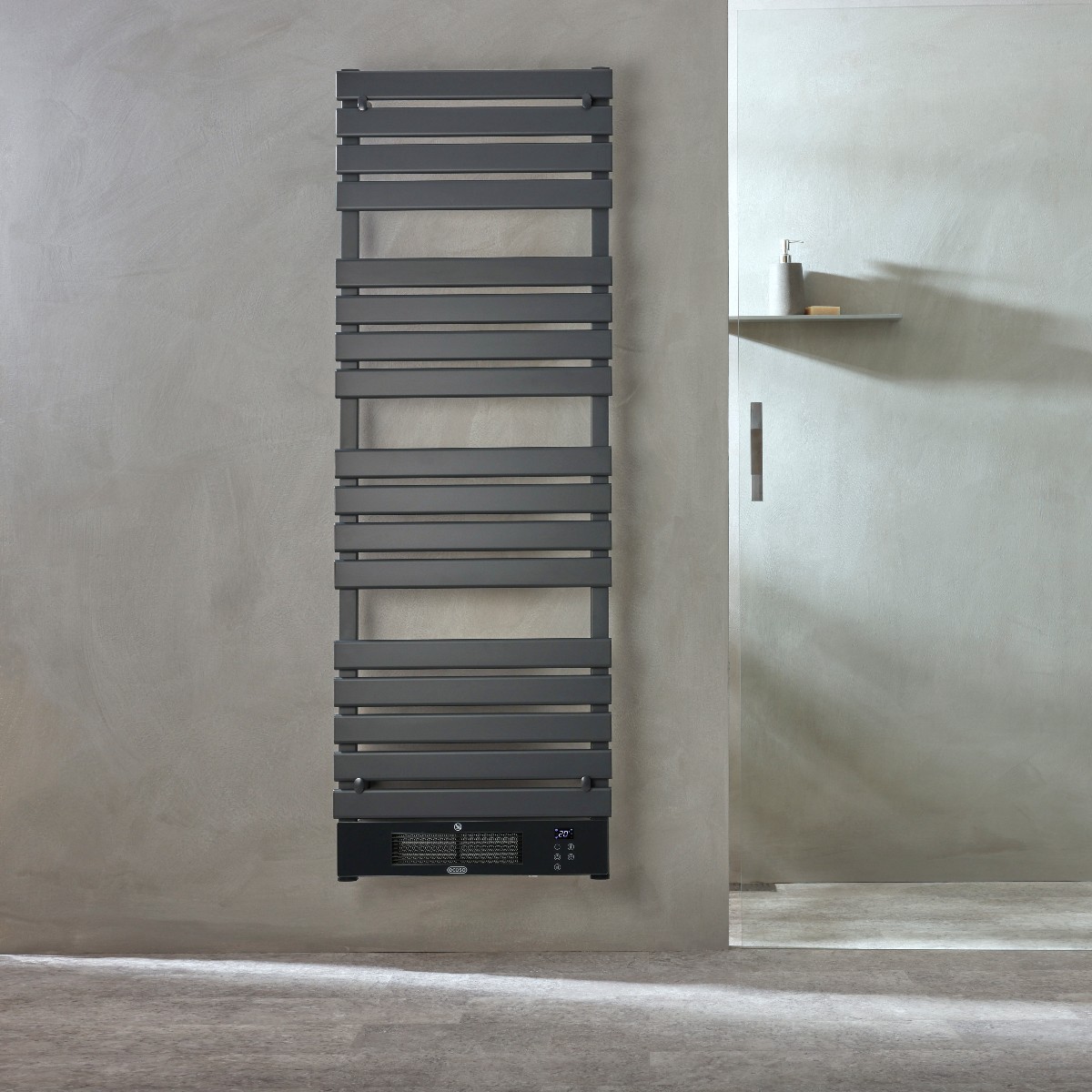 A modern bathroom radiator which heats up the room and keeps towels warm.