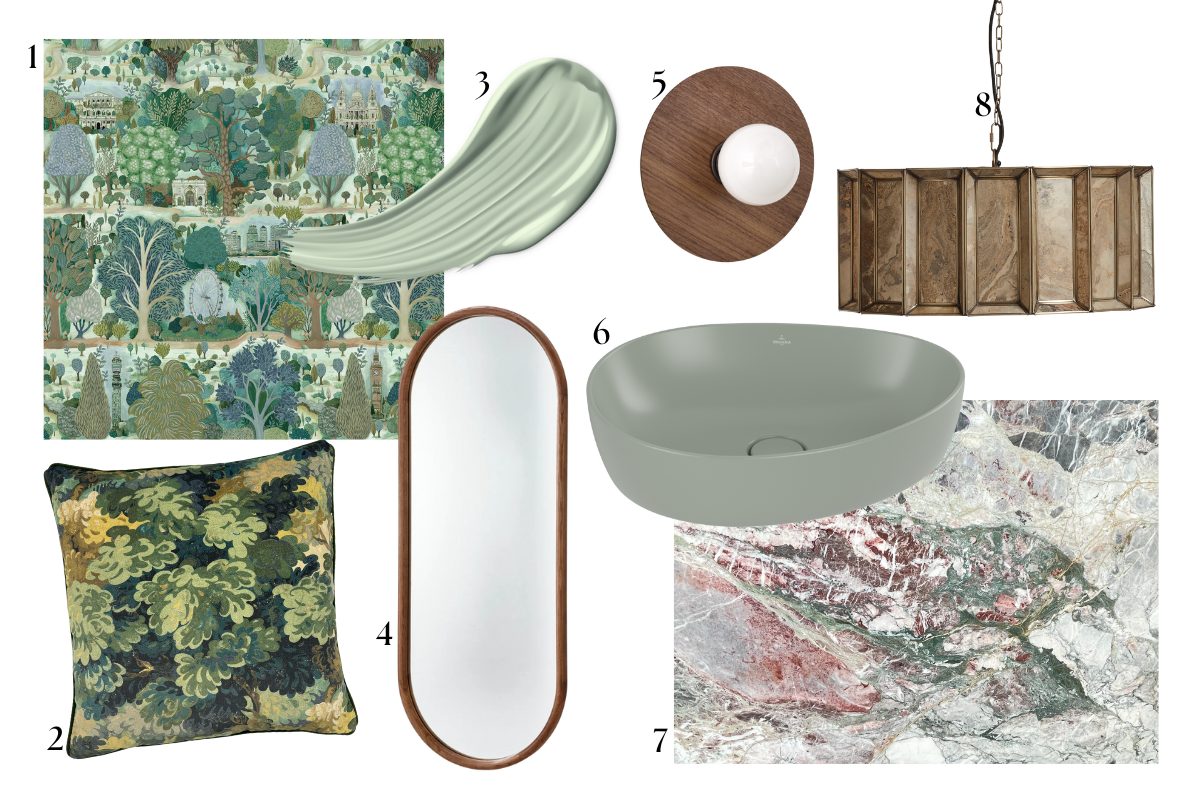 Biophilic moodboard with nature-inspired patterns, materials and decor.