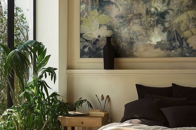 A calm bedroom with biophilic wallpaper and greenery, with wood furniture, and a bed layered in linen fabrics.