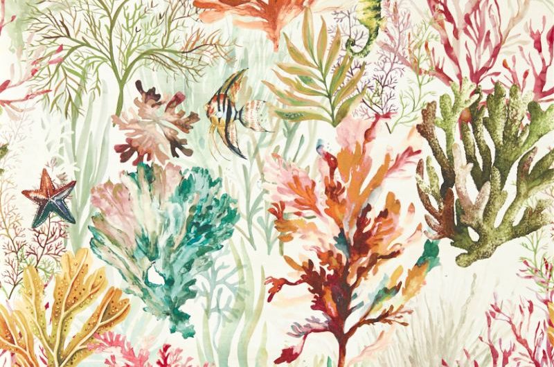 A wallpaper swatch portraying coral and sea patterns in rich shades of red, green, and orange.