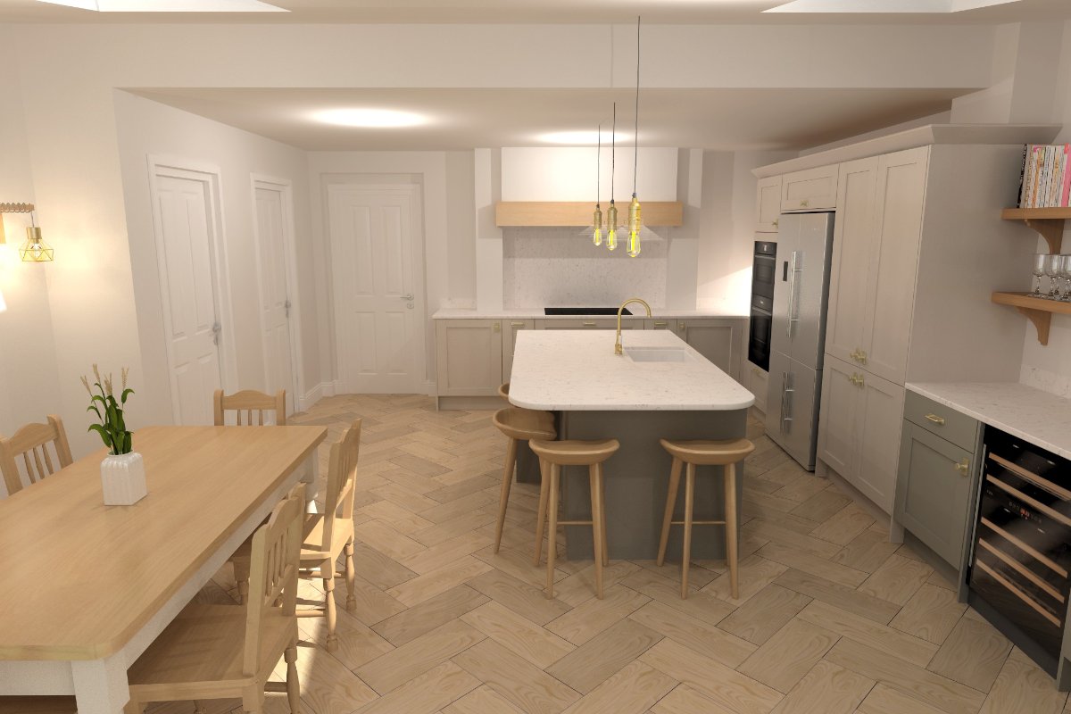 An open-plan kitchen extension with neutral and sage green units, a central island, and a dining space.