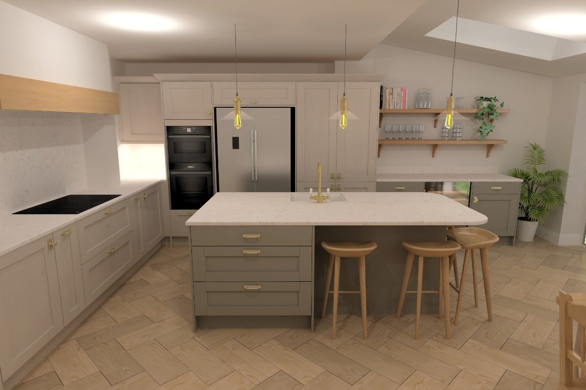 An open-plan space with a cooking zone, and a central island with a sink, tap and seating.