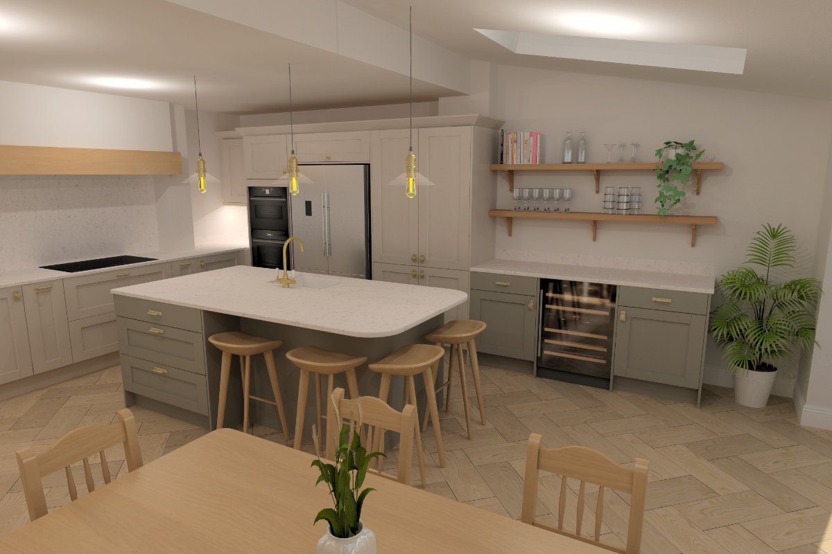 A kitchen extension drawing with an island, tall and base cabinetry in a classic Shaker style, and a compact bar area.