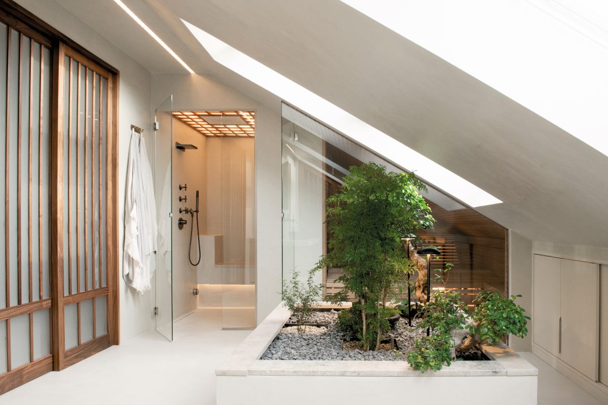 A spa-like bathroom with a shower zone, sauna, skylights, and house plants.