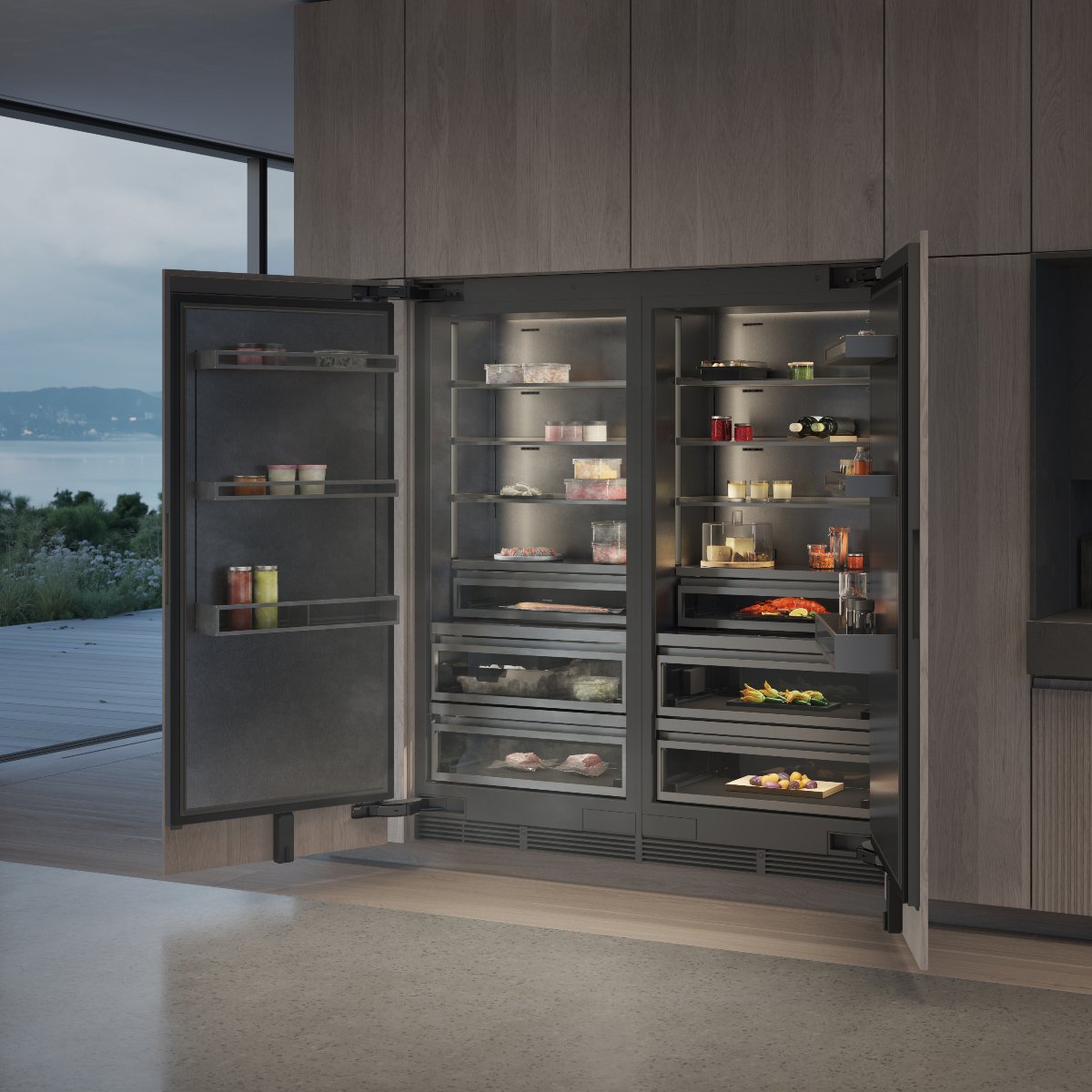 Two next-gen integrated fridges with illumination and ventilation in a modern wood kitchen.