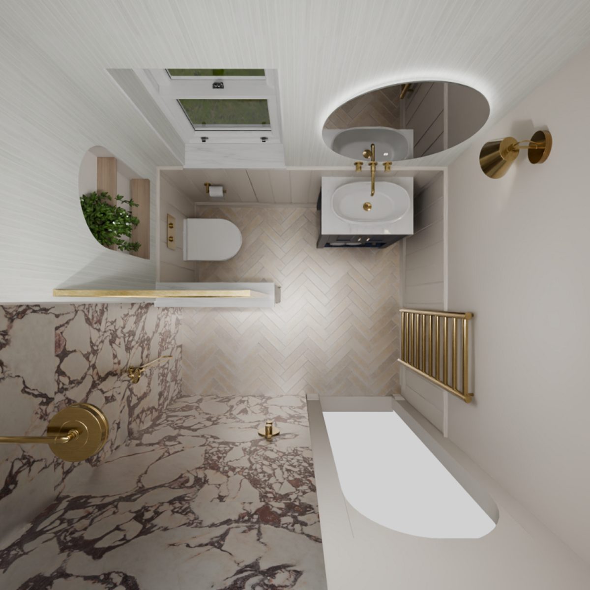 View of the ensuite layout with marble wall tiles, herringbone flooring, wall panelling, a blue vanity, and gold brassware.