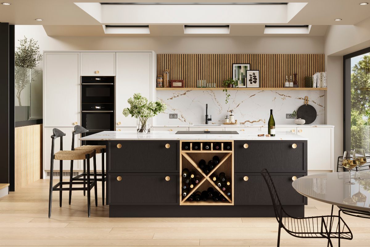 White run of units with a dark island with cross wine rack and and matching handles throughout the scheme.