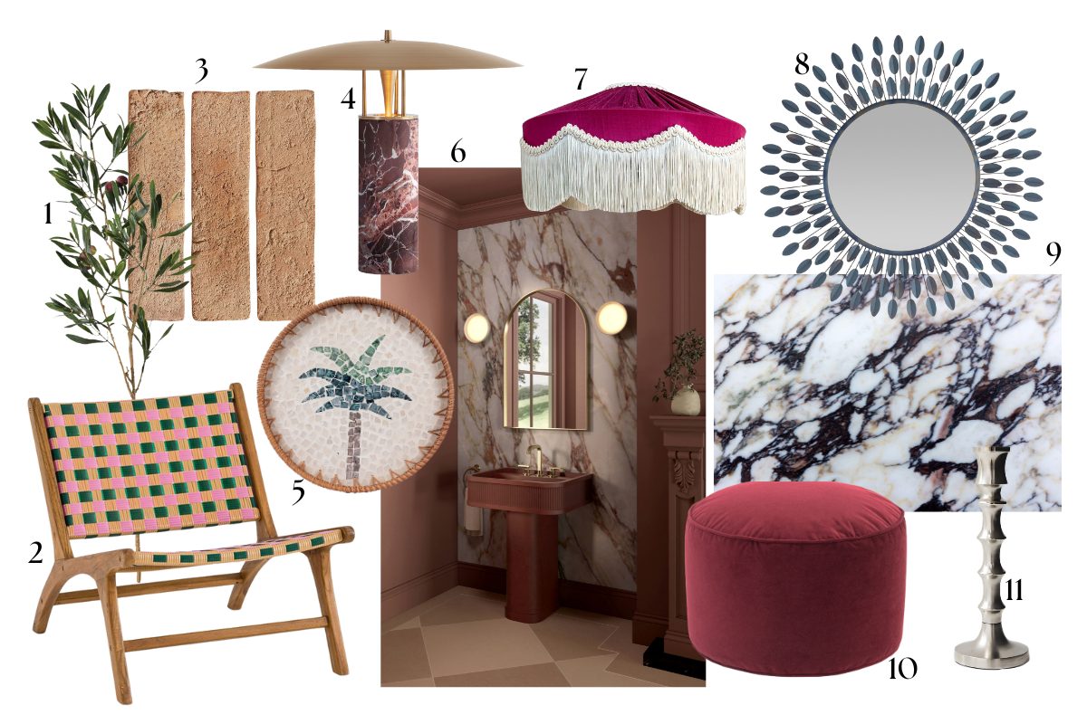 Interior design moodboard featuring Calacatta Viola marble, travel-inspired decor and Art Deco pieces.