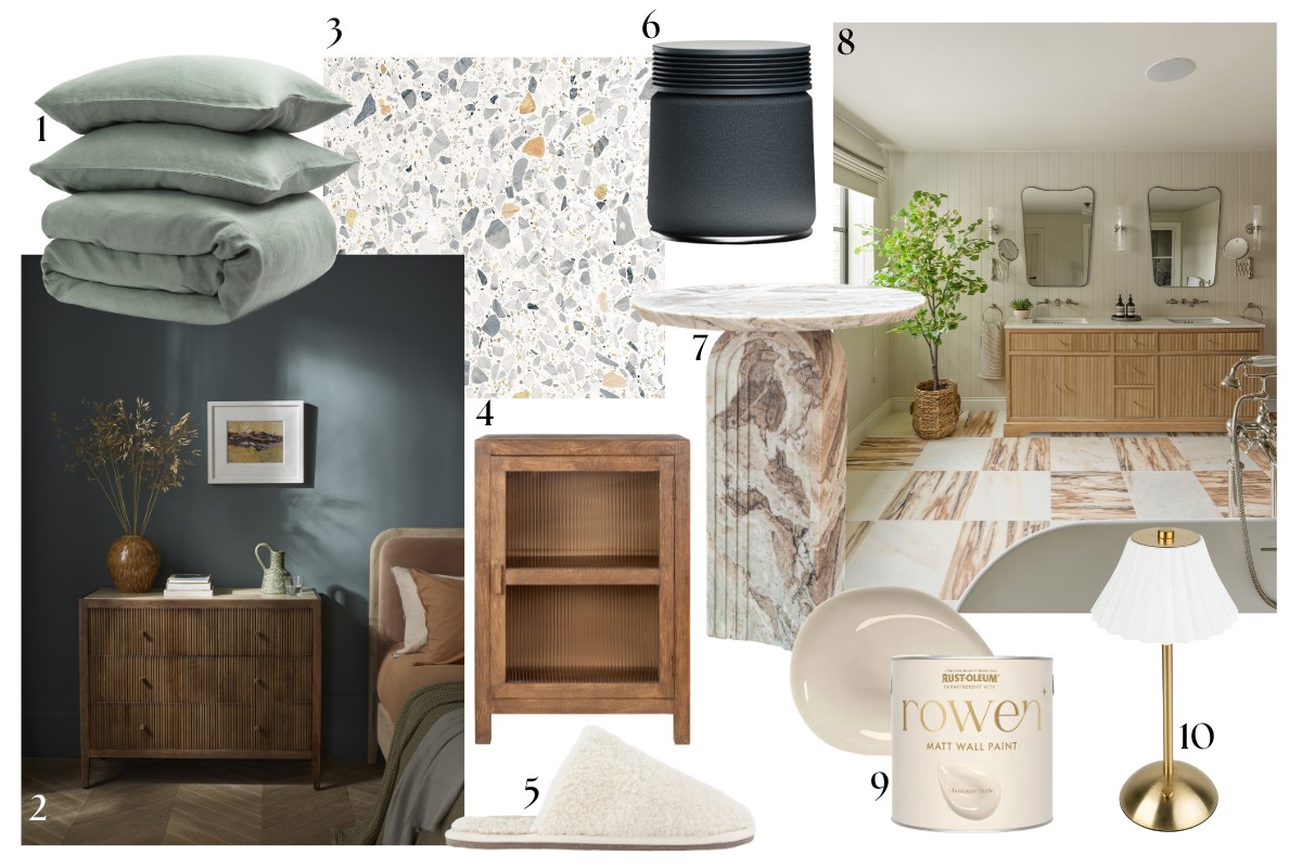 A wellness inspired moodboard for bedrooms and bathrooms with pale pops of colour, terrazzo-effect and marble tiles, and striking stone furniture.
