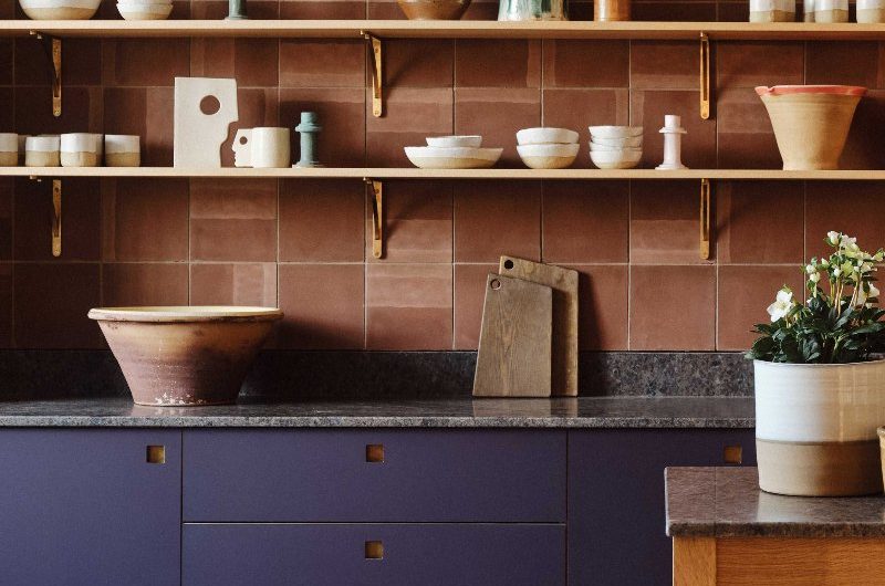 A modern scheme with plum cabinetry, terracotta tiled wall, open shelving, and rustic decor.