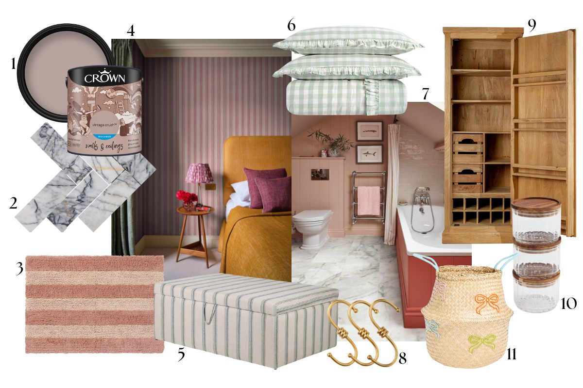 Moodboard edit for renovation projects with paint swatched, tile samples, and small home updates like bath mats, storage, and bed linen.
