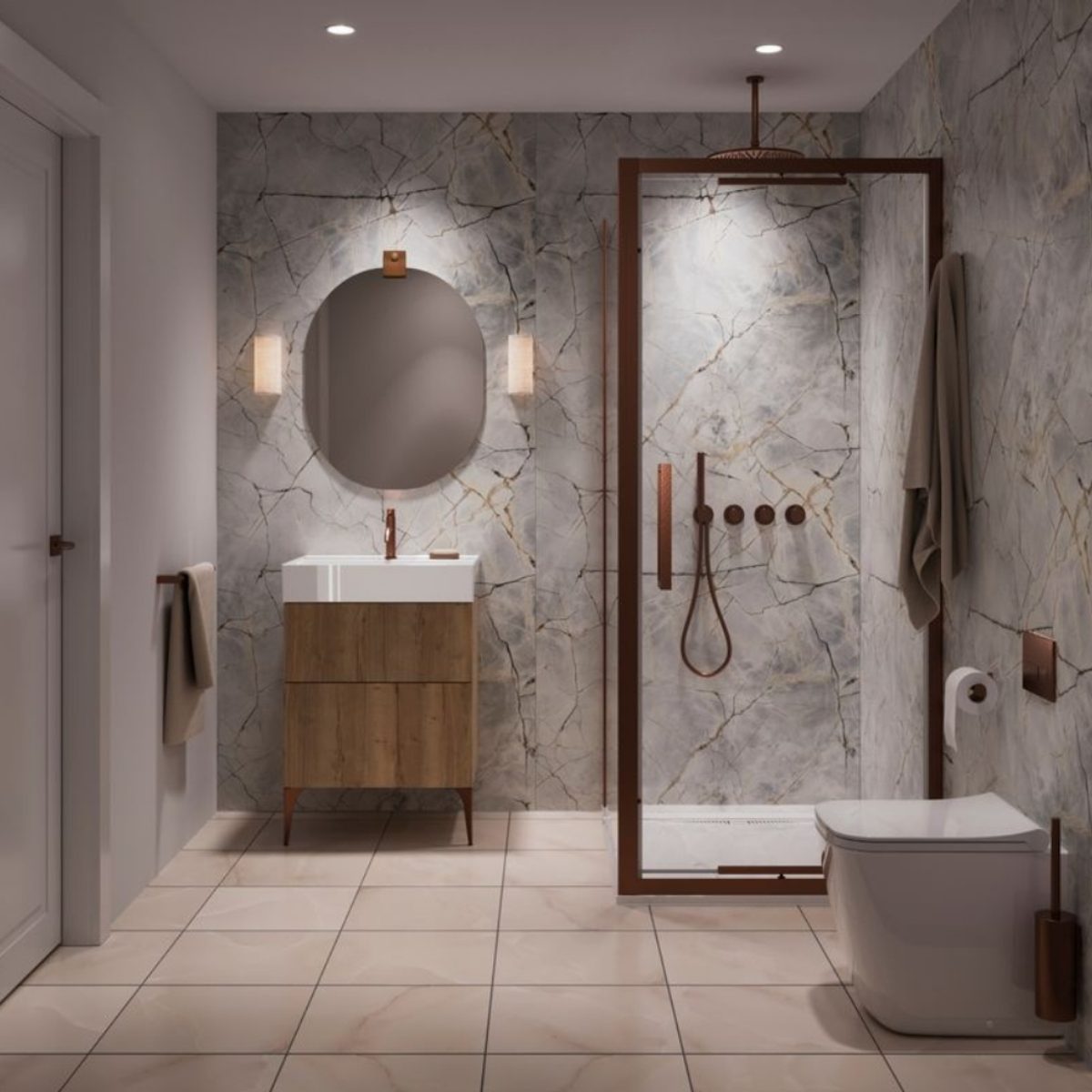 Small bathroom design with marble wall panelling, a wood vanity on a freestanding frame, a shower zone, and a modern white toilet.