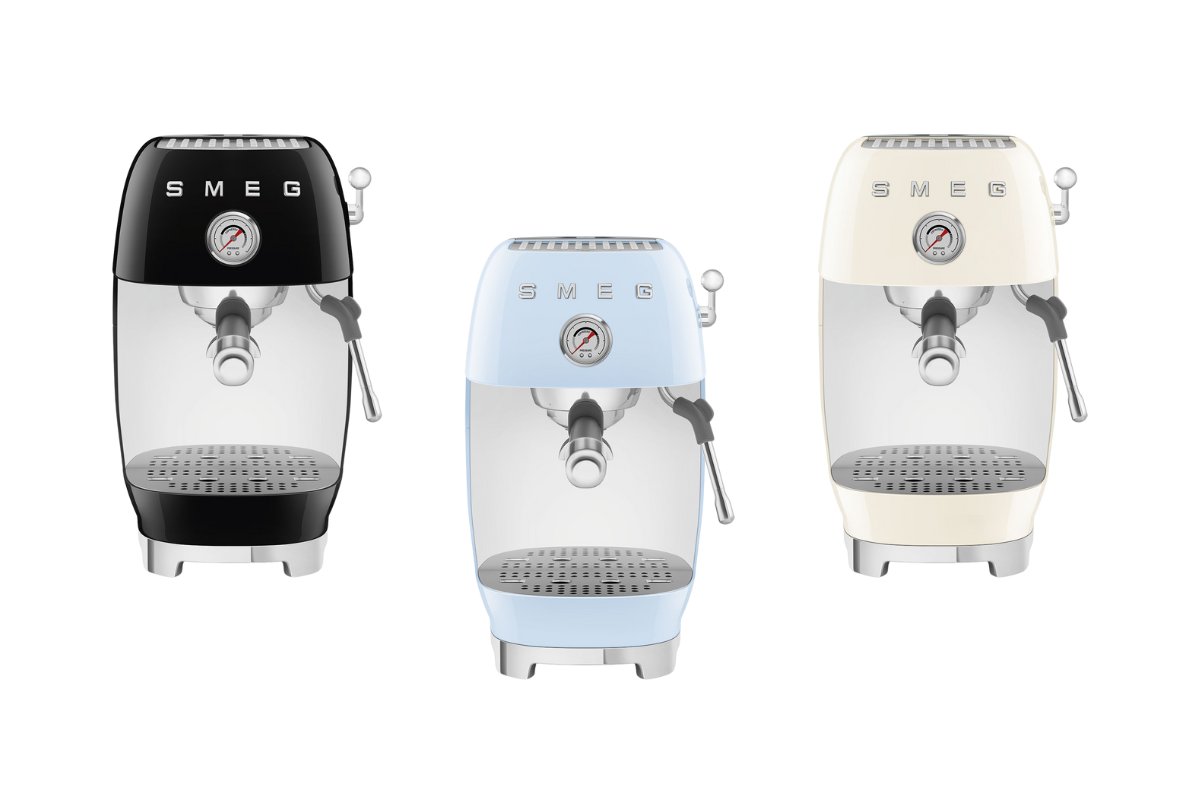 A mix of Smeg coffee machines in black, light blue and off-white.