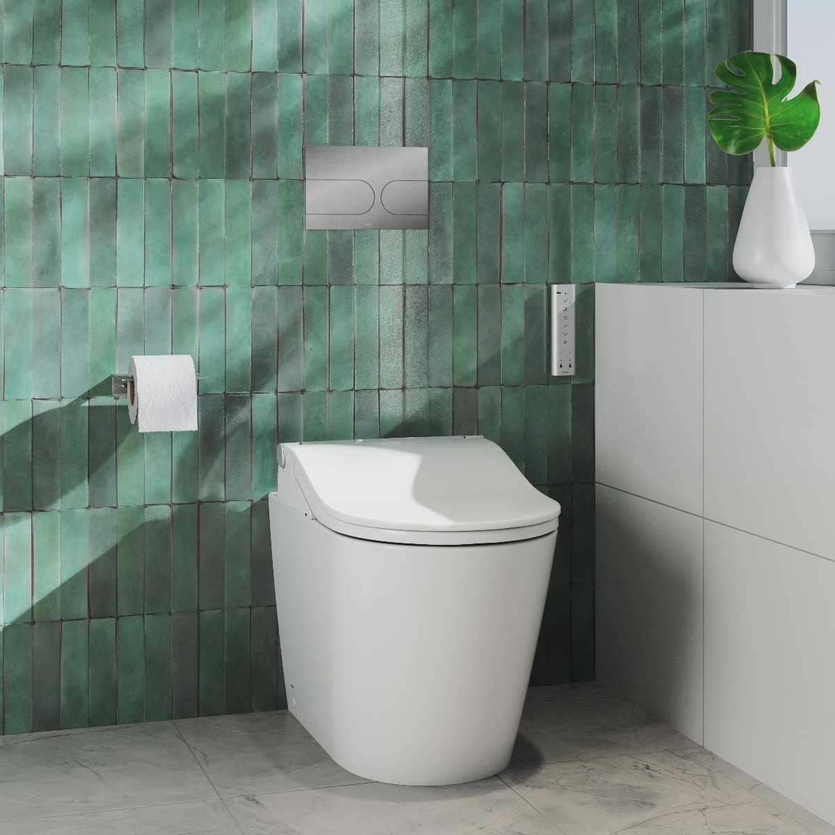 A green scheme with a back-to-wall shower toilet and minimalist accessories.