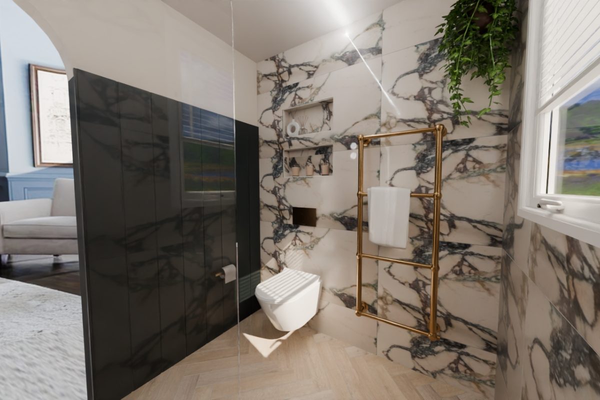 View of the toilet and radiator with marble tiles on the wall in the background and panelling on the opposite wall.