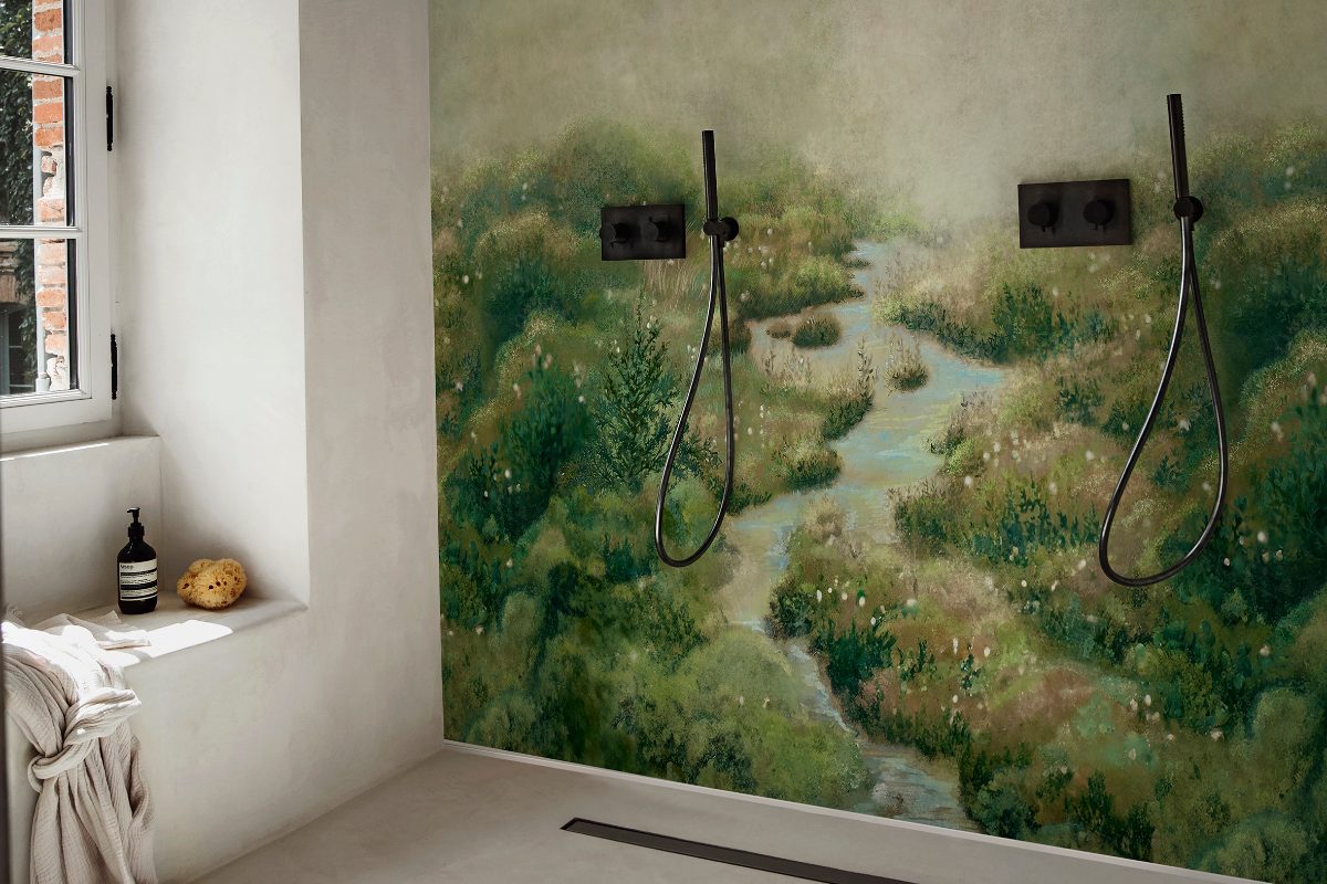 A shower zone with biophilic mural, dark fittings and neutral paster on the walls.