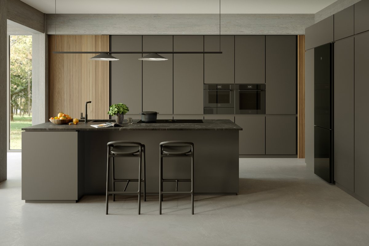 A contemporary kitchen with sleek, smart cooking appliances.