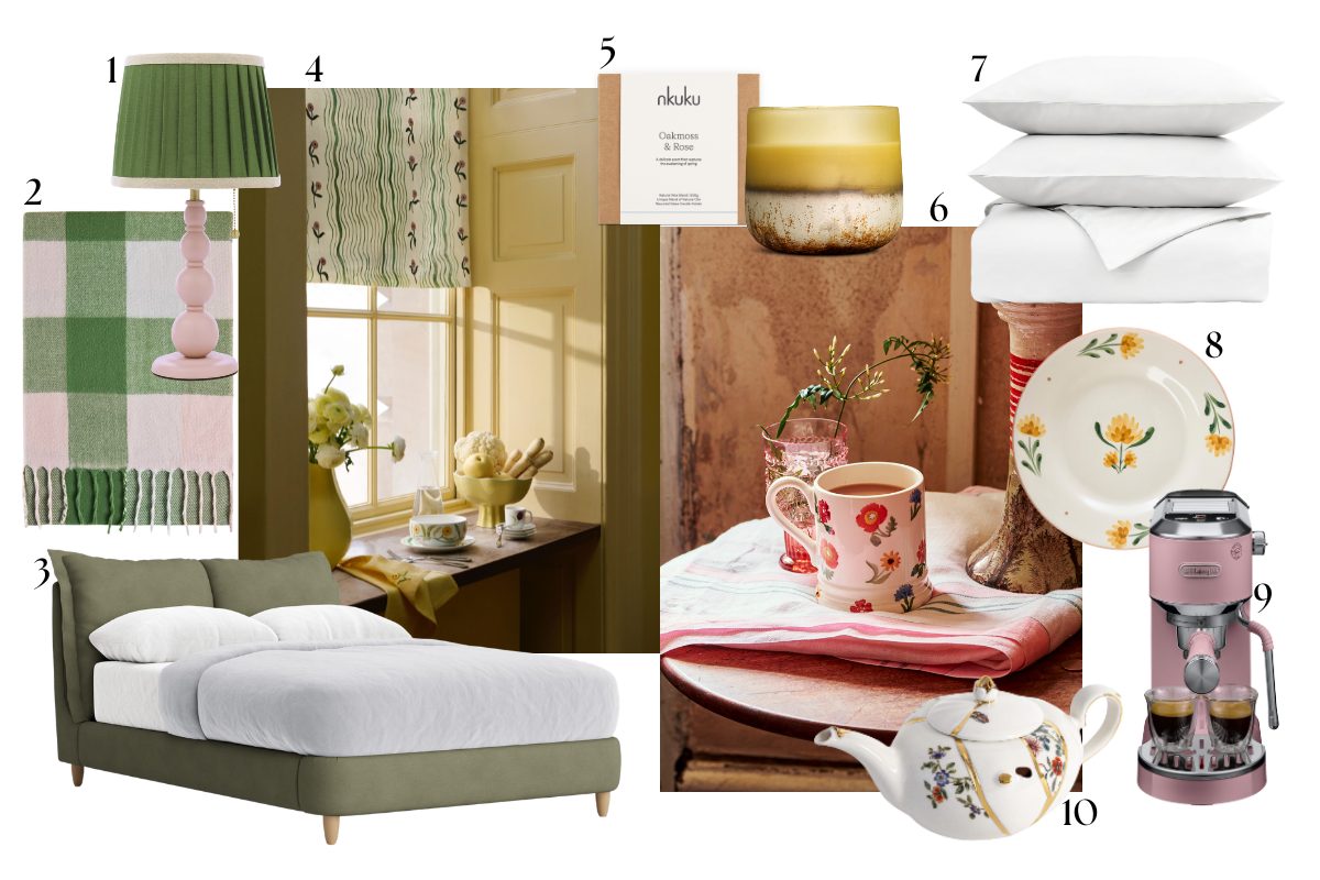 Moodboard edit with bed furnishings and Mother's Day gift ideas.
