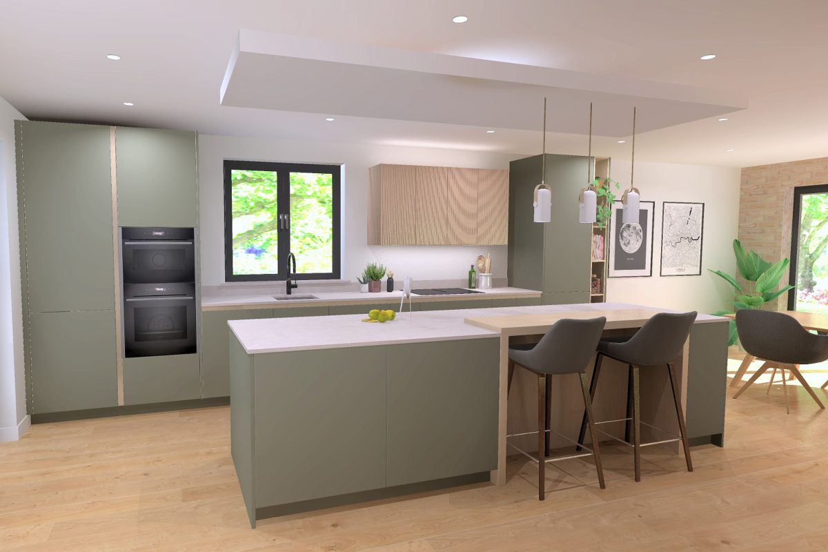 A green kitchen design with oak detailing and layered lighting.