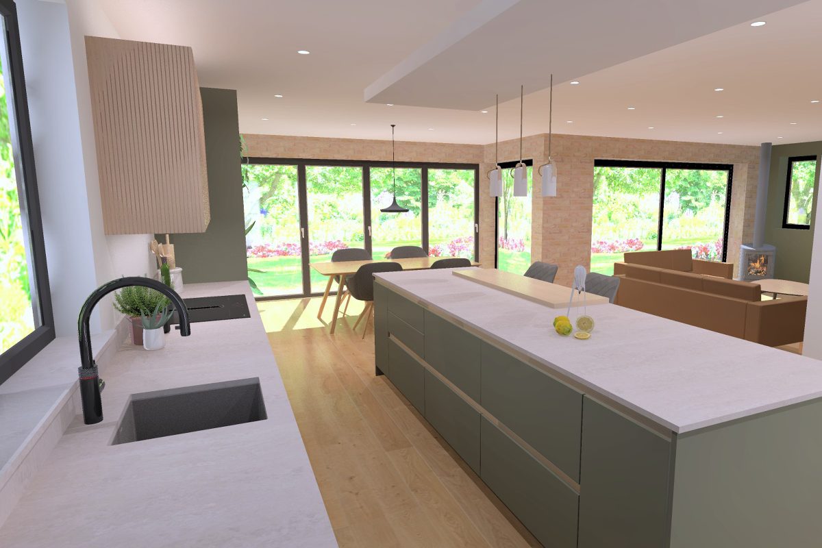 View of the space with a main cabinetry run, island, a dining area near the glazing and a snug.