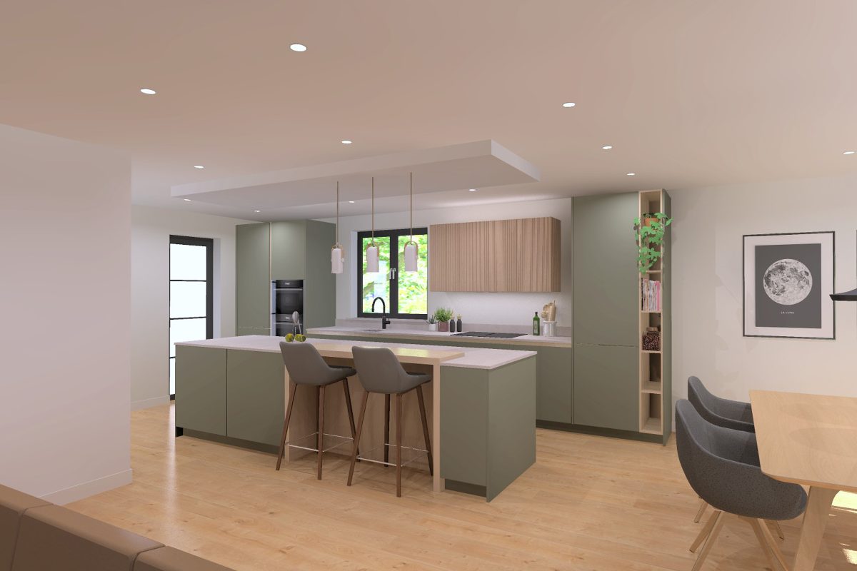 The cooking-living-diner with green cabinets, oak detailing and a Scandi feel.